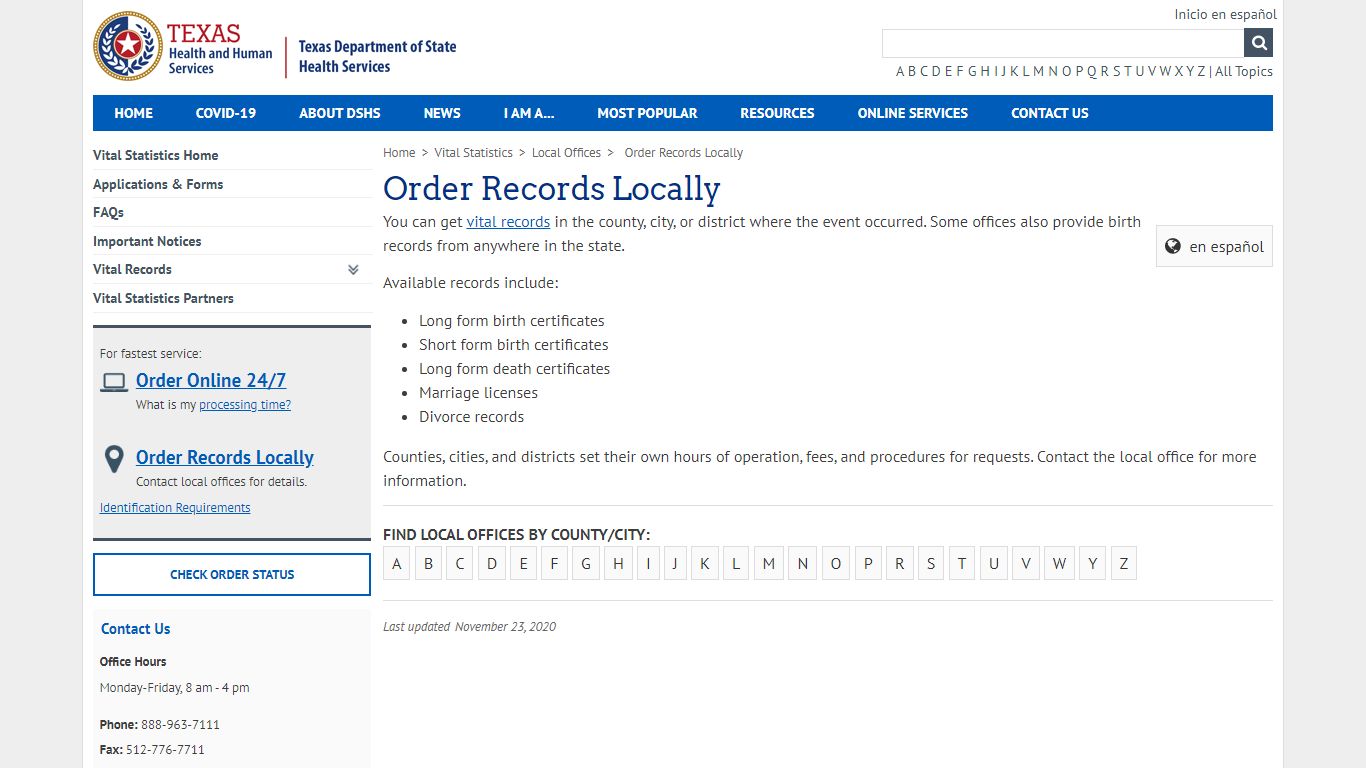 Order Records Locally - Texas